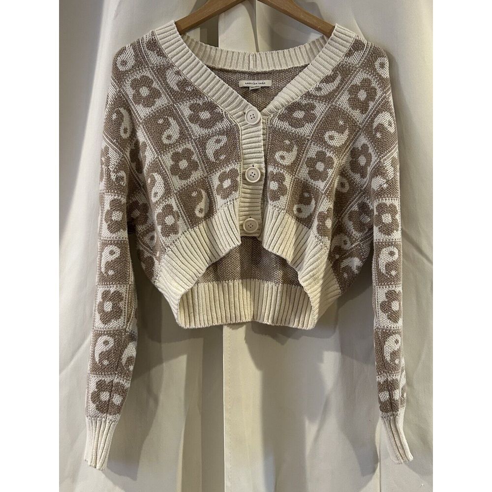 American Eagle Womens Sweater Small Cardigan Cropped Ying Yank Button Up Flowers